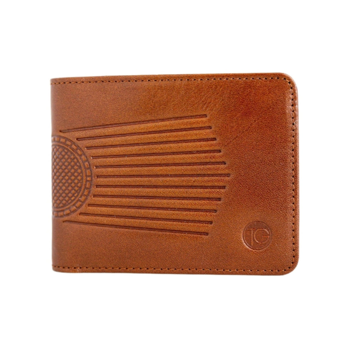 Brown leather wallet with embossed design on a white background